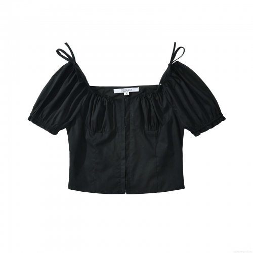 Women's French Vintage Cotton Square Neck Puff Sleeve Crop Top Tie Front Ruched Short Sleeve Casual T-Shirt Streetwear Summer Tops