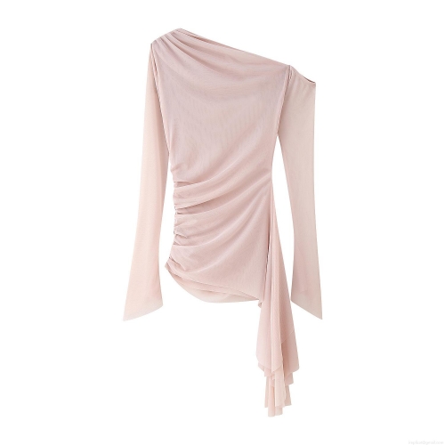Women's Sexy Off-Shoulder Mesh Pleated T-Shirt Asymmetrical Long Sleeve Slim Fit Pullover Top With Streamer Elegant Streetwear For Daily Party