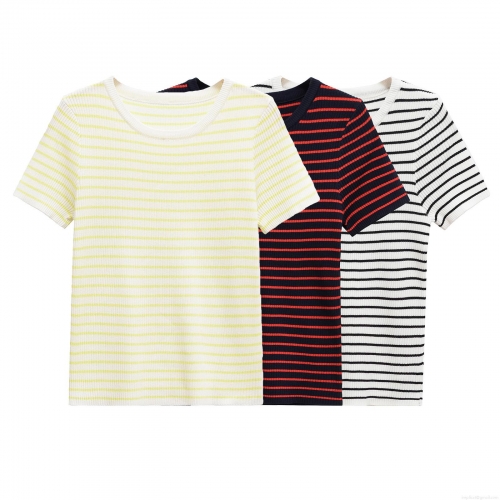 Women's Slim Fit Ribbed Knit Striped Short Sleeve T-Shirt Round Neck Cotton Blend Casual Tee Top For Daily Streetwear Summer Fashion