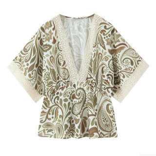 Women Bohemia Paisley Print Top Polyester Lace Trim V Neck Loose Fit Half Sleeve Breathable Casual Daily Beach Vacation Vintage Ethnic Chic For Lady