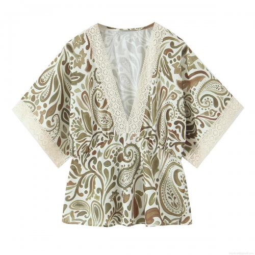 Women Bohemia Paisley Print Top Polyester Lace Trim V Neck Loose Fit Half Sleeve Breathable Casual Daily Beach Vacation Vintage Ethnic Chic For Lady