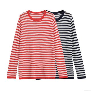 Women's Striped Knitted T-Shirt Long Sleeve Crew Neck Loose Fit Mercerized Cotton Casual Pullover Top For Daily Wear Streetwear
