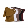 Women's Long Sleeve One Shoulder T-Shirt With Metal Ring Detail Asymmetric Ruched Solid Color Slim Fit Top Casual Streetwear Blouse For Women