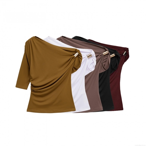 Women's Long Sleeve One Shoulder T-Shirt With Metal Ring Detail Asymmetric Ruched Solid Color Slim Fit Top Casual Streetwear Blouse For Women