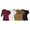 Women's Sexy Asymmetric Off Shoulder T-Shirt With Metal Buckle Polyester Ruched Short Sleeve Top For Party Dating Casual Solid Color Blouse Streetwear