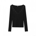 Women's Sexy V Neck Lace Trim Ribbed Knit Long Sleeve T-Shirt Slim Fit Polyester Base Layer Top For Casual Daily Wear