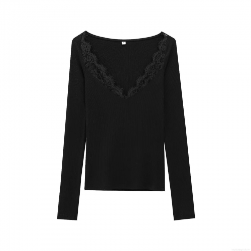 Women's Sexy V Neck Lace Trim Ribbed Knit Long Sleeve T-Shirt Slim Fit Polyester Base Layer Top For Casual Daily Wear