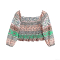 Women's Bohemian Smocked Long Sleeve Crop Top Floral Paisley Print Square Neck Shirred Blouse Casual Holiday Retro Streetwear Tops