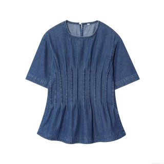 Women's Dark Blue Denim Top Short Sleeve Round Neck Vertical Pleated Slim Fit Waist T-Shirt Casual Streetwear Fashion Summer Blouse