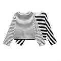 Women's Casual Black And White Striped Knit Top Round Neck Loose Batwing Sleeve Polyester Long Sleeve Pullover T-Shirt For Daily Streetwear