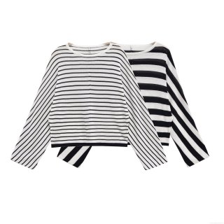 Women's Casual Black And White Striped Knit Top Round Neck Loose Batwing Sleeve Polyester Long Sleeve Pullover T-Shirt For Daily Streetwear