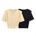 Women's Padded Shoulder Knit Top Polyester Short Sleeve Round Neck T-Shirt American Casual Streetwear Solid Color Tee Daily Wear Comfort Basic Elegant Pullover For Lady