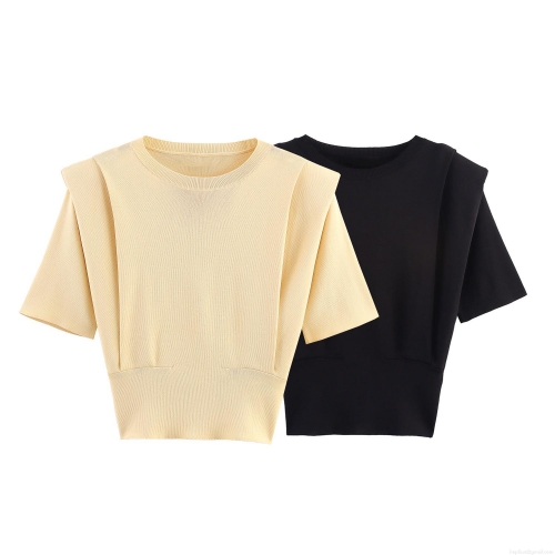 Women's Padded Shoulder Knit Top Polyester Short Sleeve Round Neck T-Shirt American Casual Streetwear Solid Color Tee Daily Wear Comfort Basic Elegant Pullover For Lady