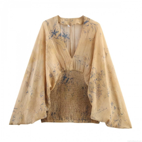 Women's V-Neck Floral Printed Top Long Sleeve Polyester Chiffon Texture Smocked Waist Pullover Blouse For Daily Casual Streetwear