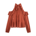 Women's Casual Polyester Long Sleeve Halter Neck Top With Ruffle Decoration Cold Shoulder Elegant Loose Fit Blouse For Daily Streetwear