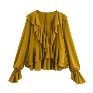 Women's Casual Ruffle V-Neck Chiffon Top Long Lantern Sleeve Tiered Layered Loose Fit Polyester T-Shirt For Streetwear Party Date