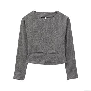 Women's Casual Long Sleeve T-Shirt Round Neck Pleated Decoration Grey Knit Top Lightweight Polyester Blend Fabric Breathable Comfy Tee for Daily Autumn Winter