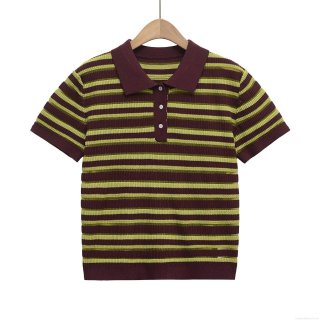 Women's Striped Knit Polo Shirt Short Sleeve Button Down Ribbed T-Shirt Loose Casual Retro Streetwear Summer Polyester Top For Ladies