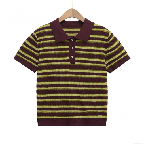 Women's Striped Knit Polo Shirt Short Sleeve Button Down Ribbed T-Shirt Loose Casual Retro Streetwear Summer Polyester Top For Ladies