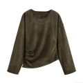 Women's Suede Long Sleeve Top Army Green Ruched Waist Round Neck Irregular Hem T-Shirt Casual Streetwear Pullover Blouse For Women