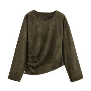 Women's Suede Long Sleeve Top Army Green Ruched Waist Round Neck Irregular Hem T-Shirt Casual Streetwear Pullover Blouse For Women