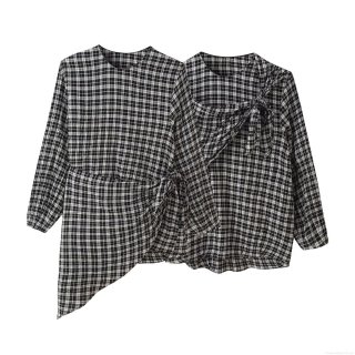 Women's Plaid Shirt Blouse Polyester Seersucker Long Sleeve Bow Tie Neck Irregular Hem Casual Daily Wear French Retro Elegant Style Ladies Tops
