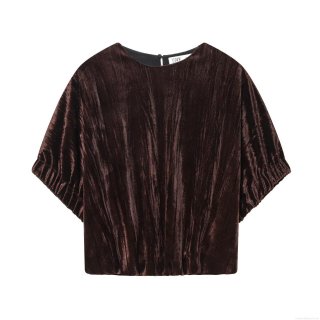 Women's Velvet T-Shirt Short Sleeve Round Neck Pleated Loose Top American Casual Brown Velveteen Blouse Streetwear Fashion For Women