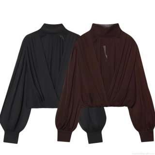 Elegant Women's Chiffon Pleated Blouse Casual Bow Tie High Neck Lantern Sleeve Loose Semi Transparent Top For Autumn Party Streetwear