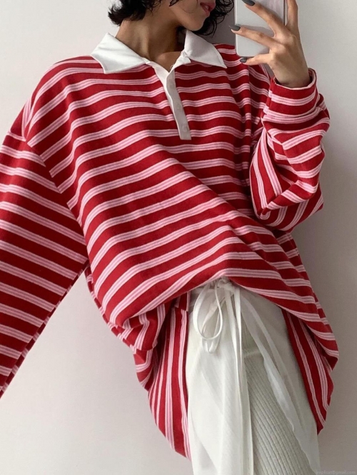 Women's American Retro Striped Long Sleeve Polo Shirt Fleece Lined Oversized Cotton Blend T-Shirt Casual Streetwear Pullover Top