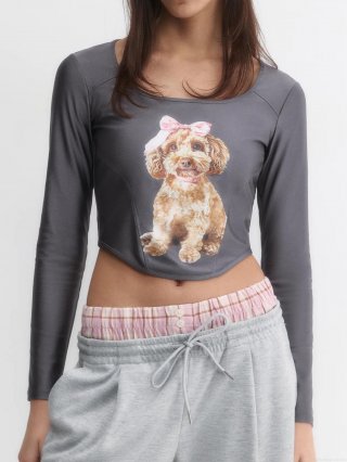 Women's Slim Fit Crop Top Long Sleeve T-Shirt Cartoon Dog Cat Print Mercerized Cotton Crew Neck Streetwear Top For Women