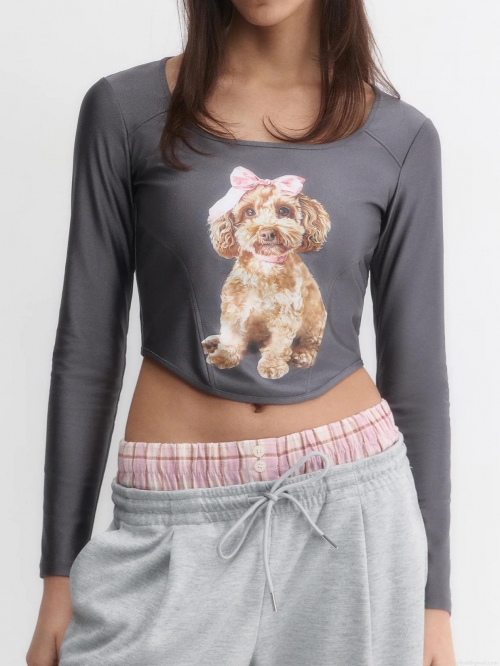 Women's Slim Fit Crop Top Long Sleeve T-Shirt Cartoon Dog Cat Print Mercerized Cotton Crew Neck Streetwear Top For Women