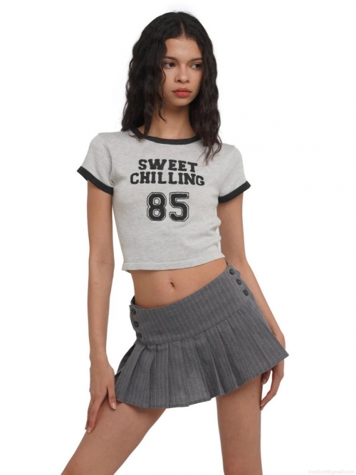 Women's Retro Street Style Cropped T-Shirt Contrast Color Number Print Short Sleeve Round Neck Cotton Blend Summer Casual Slim Fit Top