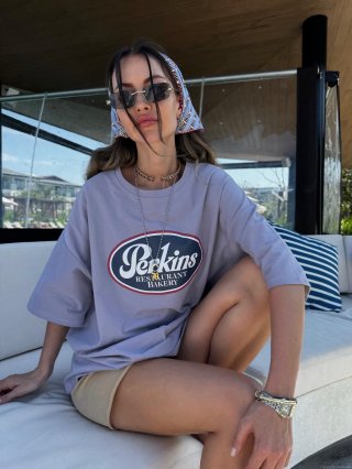 Women's American Retro Cotton Blend Perkins Print T-Shirt Oversize Short Sleeve Round Neck Casual Streetwear Tee Top for Summer Travel