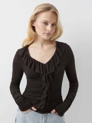 Women's Elegant V-Neck Long Sleeve Top With Ruffle Trim Pleated Texture Slim Fit Cotton Blend Blouse Casual Chic Shirt For Spring Autumn Daily Office Wear