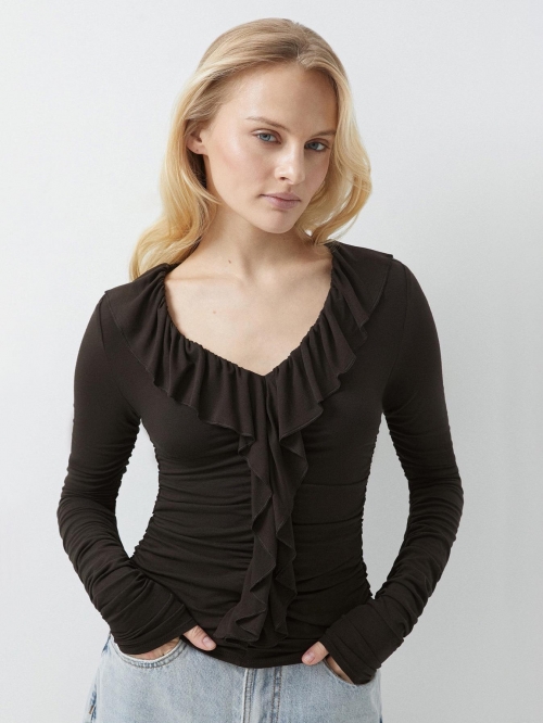 Women's Elegant V-Neck Long Sleeve Top With Ruffle Trim Pleated Texture Slim Fit Cotton Blend Blouse Casual Chic Shirt For Spring Autumn Daily Office Wear