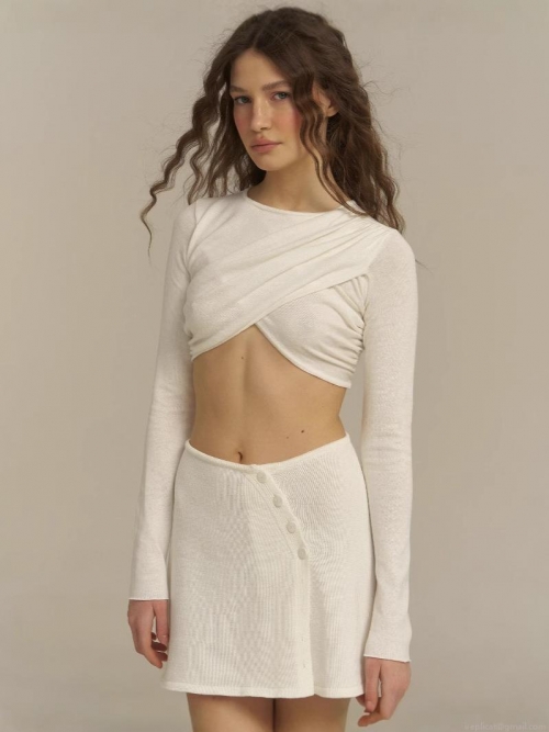 Women's Sexy Crossover Crop Top Knitted Cotton Wool Blend Long Sleeve Slim Fit T-shirt Trendy Spring Streetwear Solid Color Basic Blouse