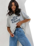 Women's Summer Striped Short Sleeve T-Shirt French Oui Mon Cheri Letter Print Loose Cotton Blend Tee Vintage Casual Streetwear Top
