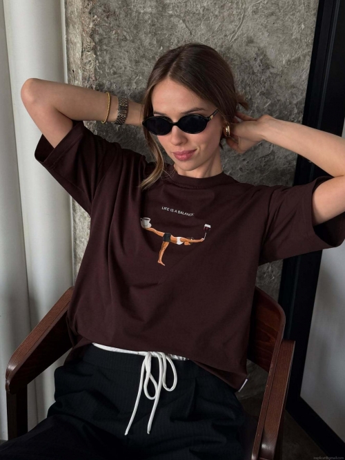 Women's Oversized Pure Cotton Short Sleeve T-Shirt Life Is A Balance Graphic Printed Round Neck Casual Summer Streetwear Tee Top For Women