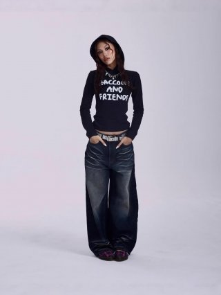 Women Vintage Y2K Letter Print Hooded Long Sleeve Top Slim Fit Streetwear T-Shirt 95% Cotton 5% Polyester Retro Graphic Tee For Women