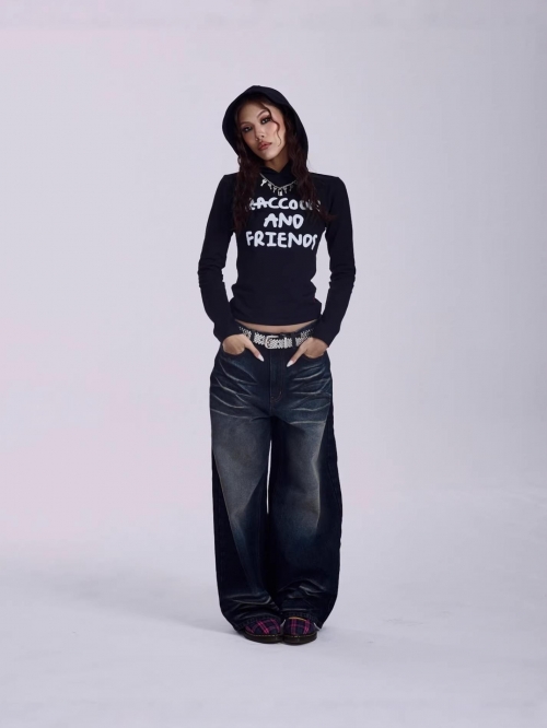 Women Vintage Y2K Letter Print Hooded Long Sleeve Top Slim Fit Streetwear T-Shirt 95% Cotton 5% Polyester Retro Graphic Tee For Women