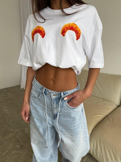 Women's Casual Cotton Blend T-Shirt Funny Croissant Print Oversized Short Sleeve Drop Shoulder Round Neck Tee Streetwear Loose Fit Summer Top For Women