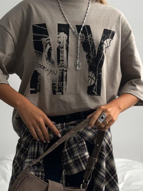 Women's Retro NY Brooklyn Print Oversized T-Shirt Cotton And Polyester Blend Short Sleeve Round Neck Streetwear Summer Casual Top For Women Girls