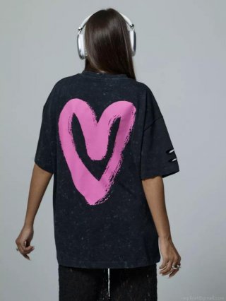 Women's Oversized T-Shirt Acid Wash Distressed Hole Short Sleeve Top Pink Heart Print Streetwear Loose Knit Cotton Blend Tee For Women Casual Daily Wear