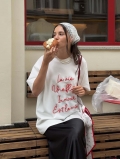 French Chic Women White T-Shirt 95% Cotton Red Letter Embroidery Round Neck Short Sleeve Loose Oversized Summer Tee Streetwear Casual Breathable Soft Top