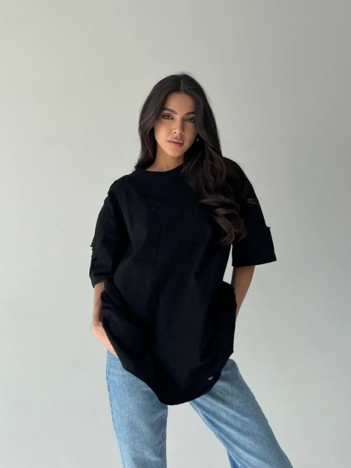 Women's Distressed Ripped T-Shirt 95% Cotton Oversized Drop Shoulder Crew Neck Vintage Wash Top for Summer Casual Streetwear