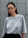 Women's Distressed Acid Wash Ripped T-Shirt Oversized Cotton Blend Rhinestone Letter Graphic Drop Shoulder Short Sleeve Top Streetwear