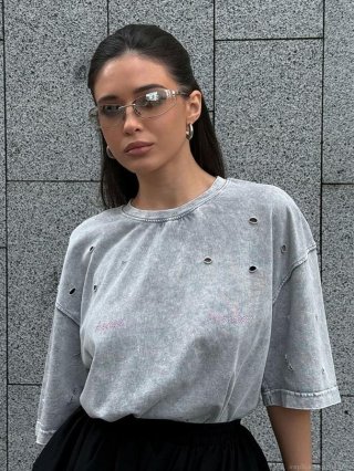Women's Distressed Acid Wash Ripped T-Shirt Oversized Cotton Blend Rhinestone Letter Graphic Drop Shoulder Short Sleeve Top Streetwear