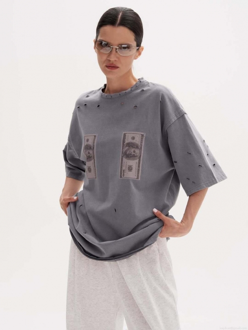 Women's Distressed Hole Dollar Print Short Sleeve T-Shirt Streetwear Oversized Cotton Blend Round Neck Summer Tee