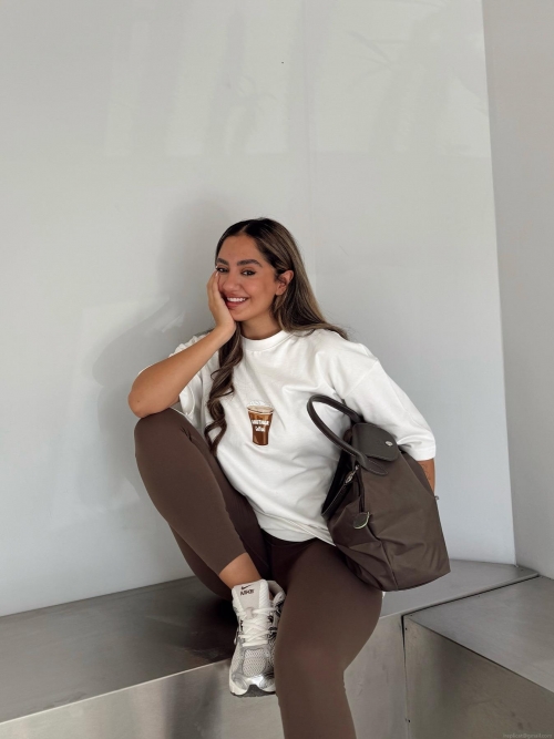 Women's Oversized Cotton Blend T-Shirt Coffee Letter Print Drop Shoulder Round Neck Casual Streetwear Summer Short Sleeve Loose Top Trendy Daily Apparel