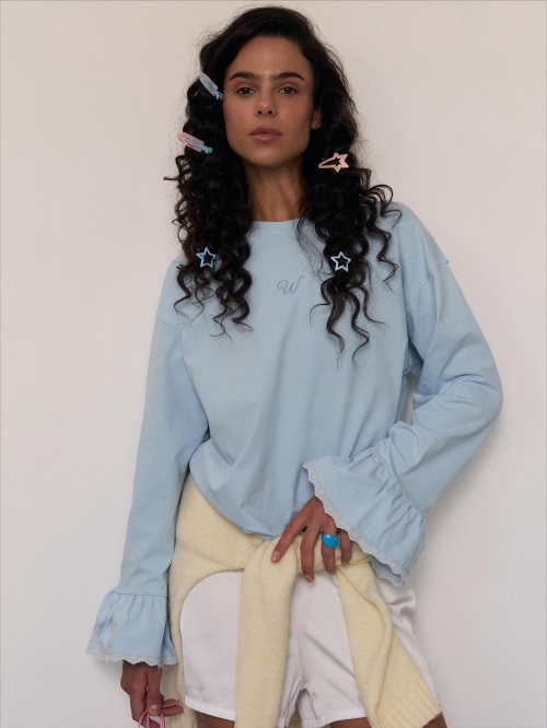 Women's Flare Sleeve T-Shirt Round Neck Pullover Long Sleeve Top Lace Trim Embroidery Letter Knit 95% Cotton 5% Polyester Streetwear Casual Blue